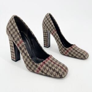 Prada Vintage IT 37 Brown Wool Houndstooth Square Toe Chunky Block Heel Pumps